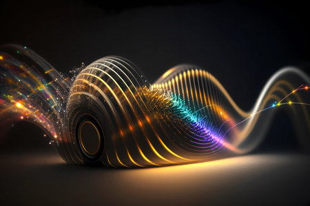 3D abstract sound wave visual background. Dynamic motion soundwaves neon lines. High frequencies visualization with particles. Music energy spectrum pattern. Audio creativity concept. Generative AIの素材