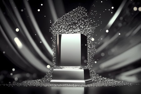 Product display presentation on luxury silver empty podium stand with shiny particles glamor to showcase stage advertising for cosmetic and beauty. Mockup silvery showcase blank pedestal Generative AIの素材