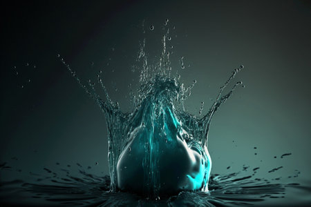 Perfect macro shot of turquoise aqua water splash in pure hygiene purity concept. water liquid splash on dark background. Splashes, jet and drops of water in motion suspended in the air. Generative AI.の素材