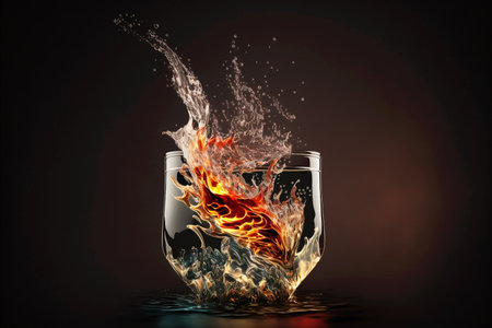 Fire and water splash. Dynamic concept of two opposite elements. Heat and hot with cold and freeze concept. Flame burn on liquid on rippled water droplet. Generative AIの素材