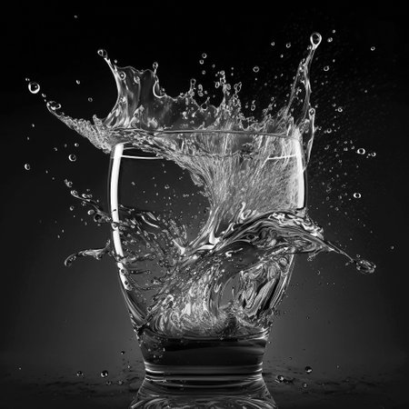 Aqua water pouring in freshness purify concept with drops. Freeze shot of super slow motion shot of water splashing from glass. Generative AIの素材