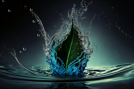 Perfect macro shot of turquoise aqua water splash in pure hygiene purity concept with nature leaf. water liquid splash on dark background. Splashes, jet and drops of water in the air. Generative AI.の素材