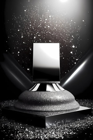 Product display presentation on luxury silver empty podium stand with shiny particles glamor to showcase stage advertising for cosmetic and beauty. Mockup silvery showcase blank pedestal Generative AIの素材