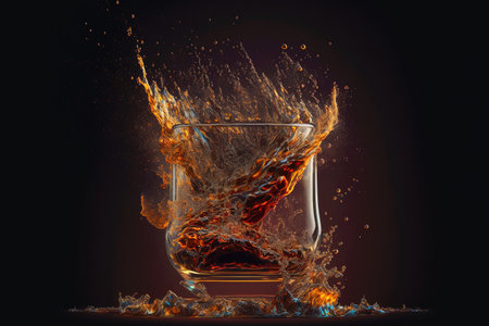 Alcohol luxury concept of Whiskey or Rum Splashing out of a Glass on Black background and reflections. whiskey splash freeze slow motion shot isolated on black background. Bourbon Whiskey On The Rocks.の素材
