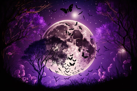 Magical fantasy romantic night background with full moon and glowing butterflies. Lunar midnight shiney particles, balloons and magical atmosphere. A purple violate fairytale concept. Generative AIの素材