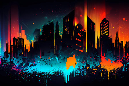 Audio music backgrounds. Buildings city view with sounds elements, colors and particles. Vivid and vibrant illustration of city skyline at night with musical twist of techno or Edm. Generative AI.の素材