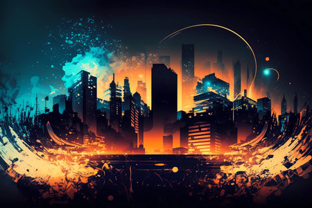 Audio music backgrounds. Buildings city view with sounds elements, colors and particles. Vivid and vibrant illustration of city skyline at night with musical twist of techno or Edm. Generative AI.の素材