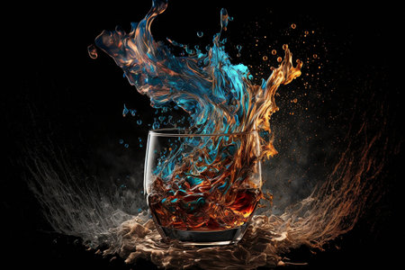 Alcohol luxury concept of Whiskey or Rum Splashing out of a Glass on Black background and reflections. whiskey splash freeze slow motion shot isolated on black background. Bourbon Whiskey On The Rocks.の素材