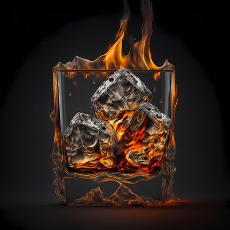 Alcohol luxury concept of Whiskey or Rum Splashing out of a Glass with Ice Cubes on Black background and reflections. whiskey splash with ice cubes isolated on black background. Bourbon Whiskey On The Rocks.の素材
