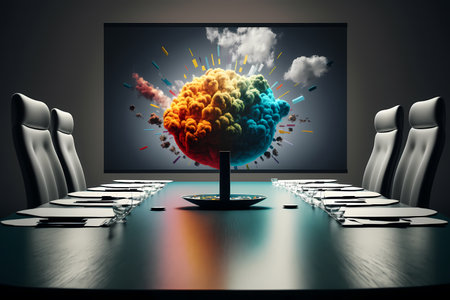 An Elegant and empty meeting boardroom with presentation. A conference table with a big TV screen, representing the idea of teamwork and collaboration in business. corporate business Generative AIの素材