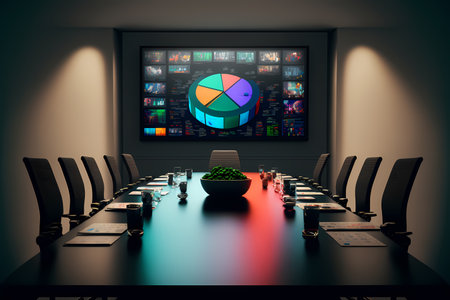 An Elegant and empty meeting boardroom with presentation. A conference table with a big TV screen, representing the idea of teamwork and collaboration in business. corporate business Generative AIの素材
