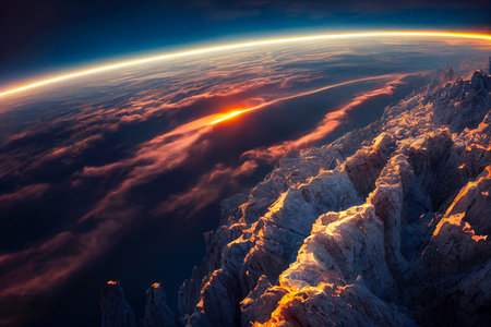Earth from satellite in space at dawn. Sun sunrise with rays and starry star night over galaxies. realistic picture from space station of planetary and atmosphere curved glow horizon. Generative AIの素材
