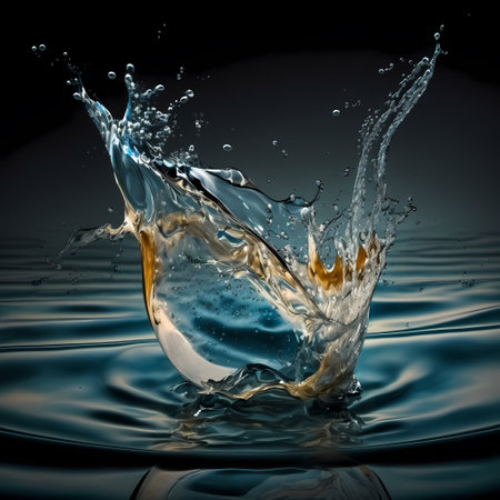 Perfect macro shot of turquoise aqua water splash in pure hygiene purity concept. water liquid splash on dark background. Splashes, jet and drops of water in motion suspended in the air. Generative AI.の素材