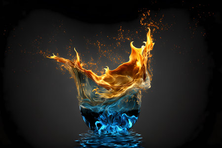 Fire and water splash. Dynamic concept of two opposite elements. Heat and hot with cold and freeze concept. Flame burn on liquid on rippled water droplet. Generative AIの素材