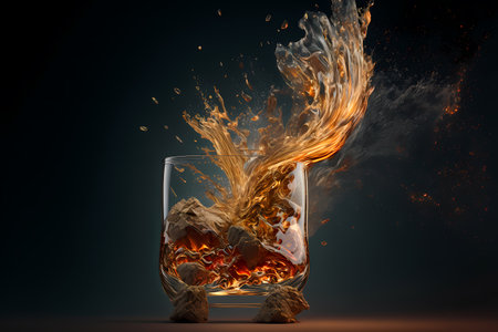 Alcohol luxury concept of Whiskey or Rum Splashing out of a Glass on Black background and reflections. whiskey splash freeze slow motion shot isolated on black background. Bourbon Whiskey On The Rocks.の素材