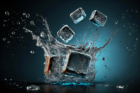 Cool Refreshing Crystals cubes With Drops Splashing. A freeze shot on falling ice cubes with water splash. Generative AIの素材