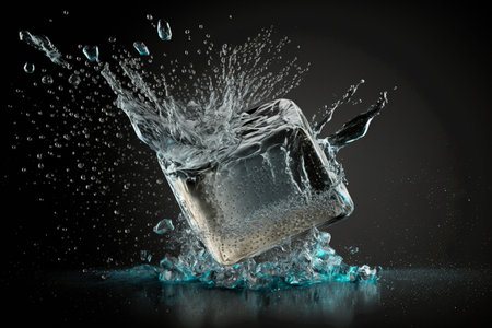 Cool Refreshing Crystals cubes With Drops Splashing. A freeze shot on falling ice cubes with water splash. Generative AIの素材