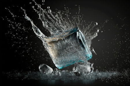 Cool Refreshing Crystals cubes With Drops Splashing. A freeze shot on falling ice cubes with water splash. Generative AIの素材