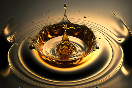 Liquid gold splash on black. Gold background as luxury glamor beauty concept for cosmetics or fashion. Generative AI. center composition to place item or logo.の素材