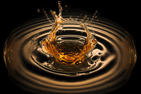 Liquid gold splash on black. Gold background as luxury glamor beauty concept for cosmetics or fashion. Generative AI. center composition to place item or logo.の素材