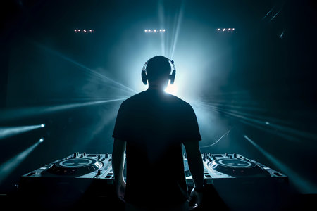 Dj in a nightclub scene with lights and lasers. Shot from behind of energy performer show in a discotech over the audience and crowd. EDM night scene of electronic music festival Generative AIの素材