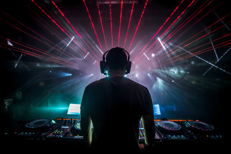 Dj in a nightclub scene with lights and lasers. Shot from behind of energy performer show in a discotech over the audience and crowd. EDM night scene of electronic music festival Generative AIの素材
