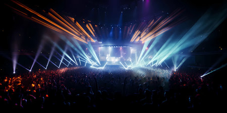 Panorama live music concert crowd and audience with beams light show and concert lighting. Edm electronic techno music festival or rock show performance with crowded people silhouette. Generative AIの素材