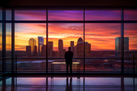 A person standing in front of a large glass window, looking out at the city skyline, representing the idea of of clear vision and a long-term perspective in achieving business success. Generative AIの素材