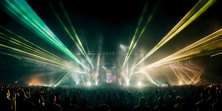 Panorama live music concert crowd and audience with beams light show and concert lighting. Edm electronic techno music festival or rock show performance with crowded people silhouette. Generative AIの素材