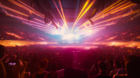 Panorama live music concert crowd and audience with beams light show and concert lighting. Edm electronic techno music festival or rock show performance with crowded people silhouette. Generative AIの素材