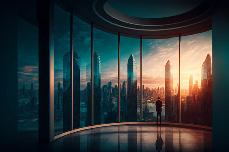 Big city view with glowing sun or sunset on cloudy sky background skyline cityscape, view through window of luxury office high tower for business background concept. Generative AIの素材