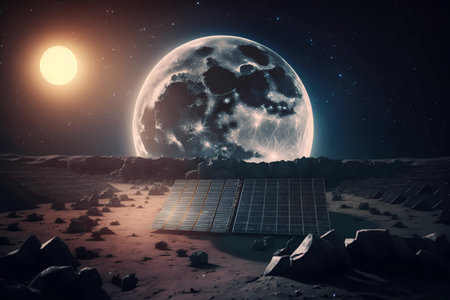 Solar panel on the moon lunar. Alternative futuristic power electric Innovation technology. Eco and environmental solution for global warming. Space friendly green tech. Generative AIの素材