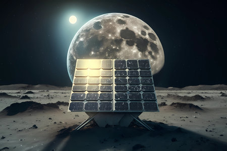 Solar panel on the moon lunar. Alternative futuristic power electric Innovation technology. Eco and environmental solution for global warming. Space friendly green tech. Generative AIの素材
