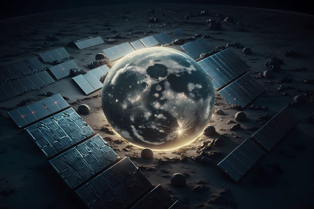 Solar panel on the moon lunar. Alternative futuristic power electric Innovation technology. Eco and environmental solution for global warming. Space friendly green tech. Generative AIの素材