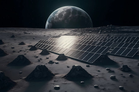 Solar panel on the moon lunar. Alternative futuristic power electric Innovation technology. Eco and environmental solution for global warming. Space friendly green tech. Generative AIの素材