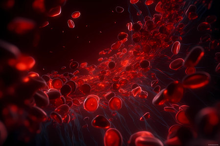 Red blood cells in microscopic shot. Macro of the flow inside body blood vessels that bring oxygen to the heart. scientific medical human health-care and microbiological concept. Generative AIの素材