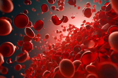 Red blood cells in microscopic shot. Macro of the flow inside body blood vessels that bring oxygen to the heart. scientific medical human health-care and microbiological concept. Generative AIの素材