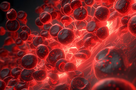 Red blood cells in microscopic shot. Macro of the flow inside body blood vessels that bring oxygen to the heart. scientific medical human health-care and microbiological concept. Generative AIの素材