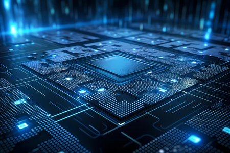 Nanotechnology microchip chip board processor. Futuristic computing technology of nano electronic device macro shot. Abstract hardware future innovation or silicon hi tech background. Generative AIの素材