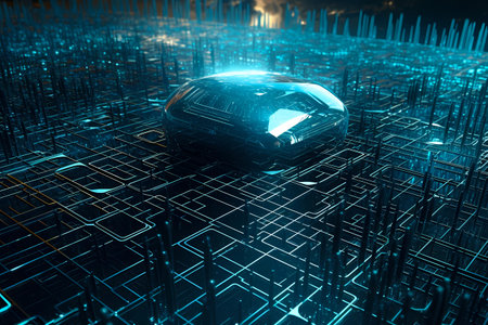 Nanotechnology microchip chip board processor. Futuristic computing technology of nano electronic device macro shot. Abstract hardware future innovation or silicon hi tech background. Generative AIの素材