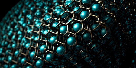 Nanotechnology structure of hexagonal nano material. abstract futuristic network of neurons and neural networking. geometric close-up macro shot as dynamic hitech background concept. Generative AIの素材