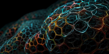 Nanotechnology structure of hexagonal nano material. abstract futuristic network of neurons and neural networking. geometric close-up macro shot as dynamic hitech background concept. Generative AIの素材