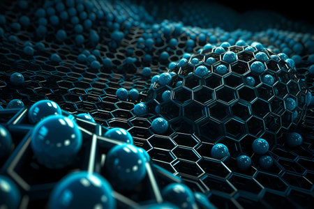 Nanotechnology structure of hexagonal nano material. abstract futuristic network of neurons and neural networking. geometric close-up macro shot as dynamic hitech background concept. Generative AIの素材