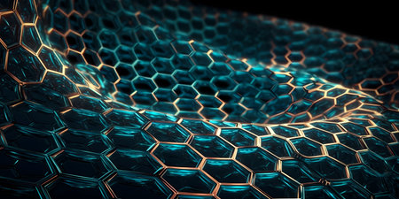 Nanotechnology structure of hexagonal nano material. abstract futuristic network of neurons and neural networking. geometric close-up macro shot as dynamic hitech background concept. Generative AIの素材