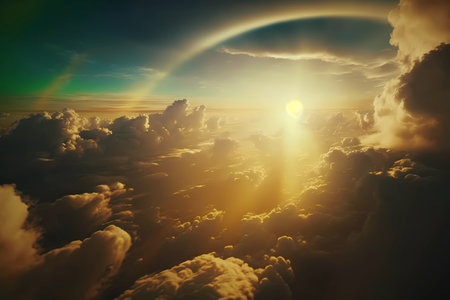 Flight through cloudscape at sunset golden hour with beautiful rainbow and lens flare aura. Heaven sky background with large clouds. Magical fantasy sky skyline as sunrise background. Generative AIの素材