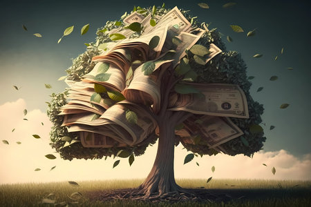 Money growing on tree concept. Money tree or cash tree with dollars on natural nature background. Business or savings design of money tree with dollar and falling down on the ground. Generative ai.の素材