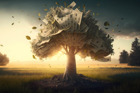 Money growing on tree concept. Money tree or cash tree with dollars at sunset. Business or savings concept of a money tree with growing dollar and falling down on the ground. Generative ai .の素材