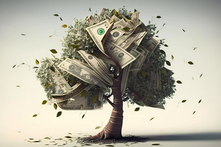 Money growing on tree concept. Money tree or cash tree with dollars isolated on white background. Business or saving of a money tree with growing dollar and falling down on the ground. Generative ai .の素材