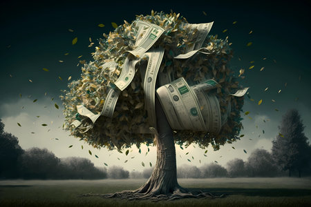 Money growing on tree concept. Money tree or cash tree with dollars on natural nature background. Business or savings design of money tree with dollar and falling down on the ground. Generative ai.の素材