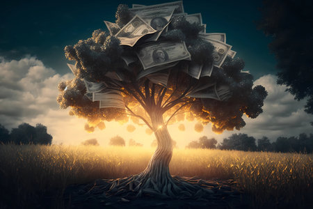 Money growing on tree concept. Money tree or cash tree with dollars at sunset. Business or savings concept of a money tree with growing dollar and falling down on the ground. Generative ai .の素材